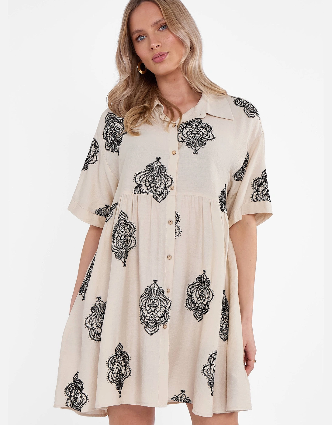 Beige Embroidery Smock Oversized Mini Shirt Dress, 5 of 4