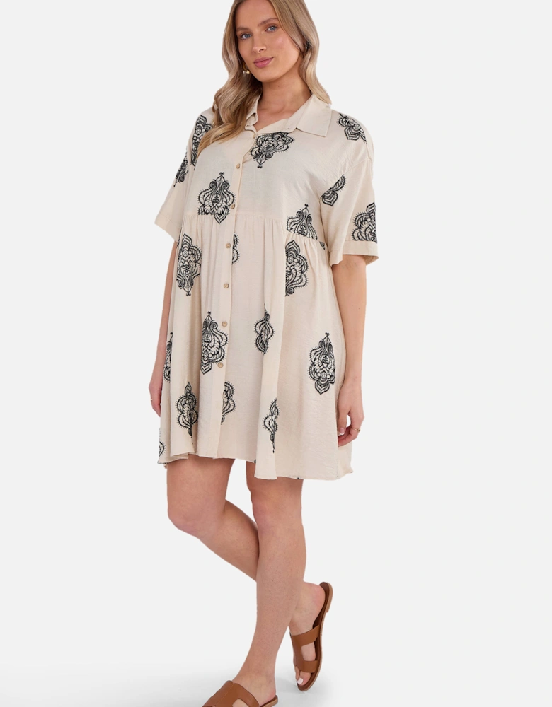 Beige Embroidery Smock Oversized Mini Shirt Dress