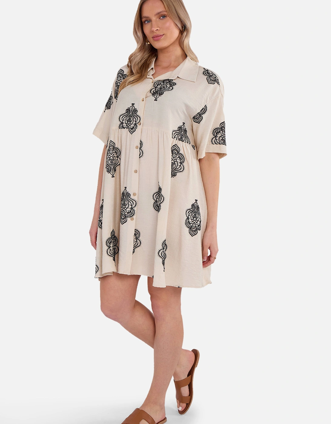 Beige Embroidery Smock Oversized Mini Shirt Dress