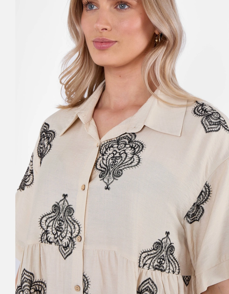 Beige Embroidery Smock Oversized Mini Shirt Dress