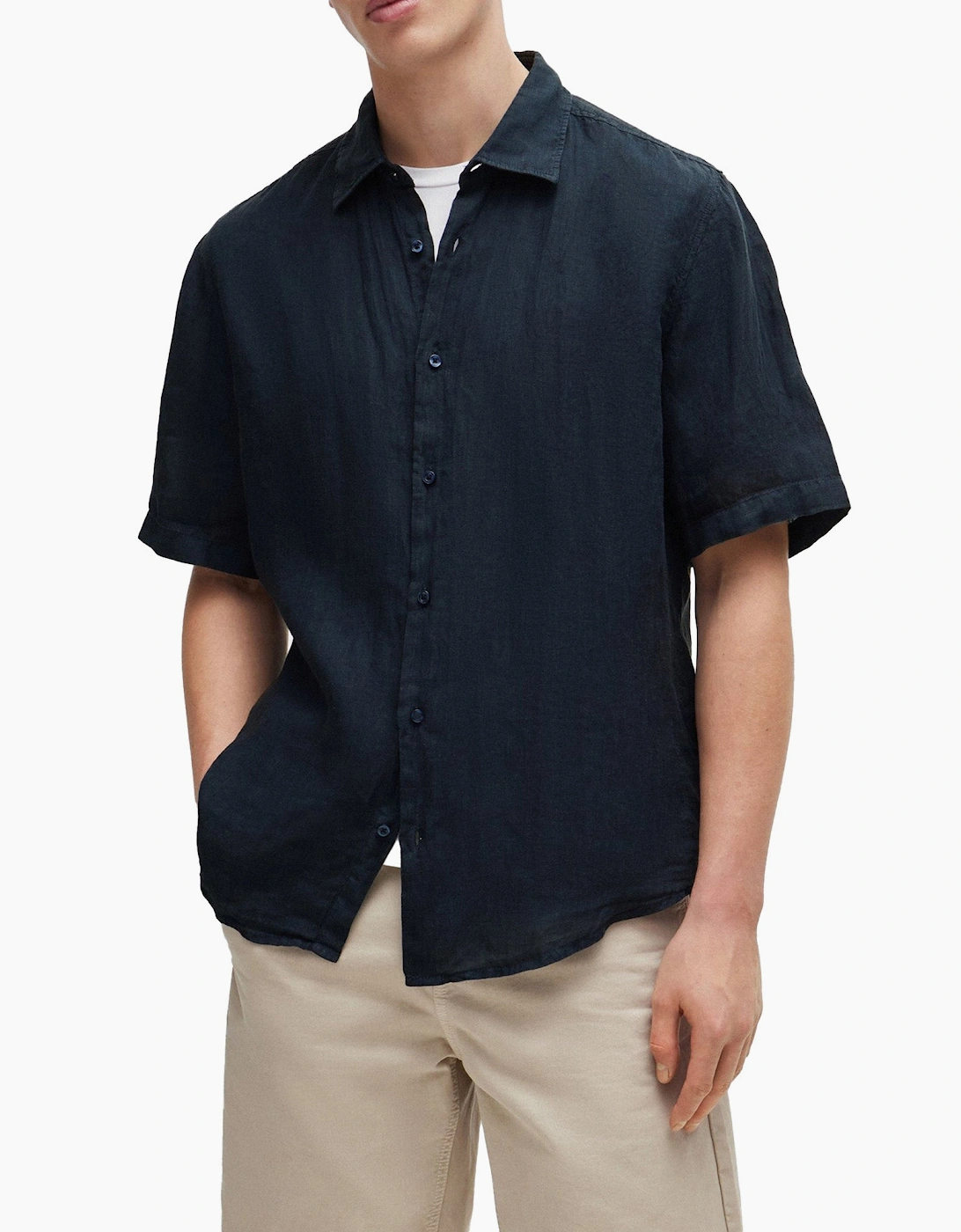 Men's Boss Rash 2 Linen Short Sleeve Shirt - Navy - Size: 38/Regular