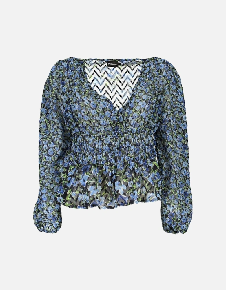 Pattern Blouse V-Neck with Buttons Women - Blue Sweaters