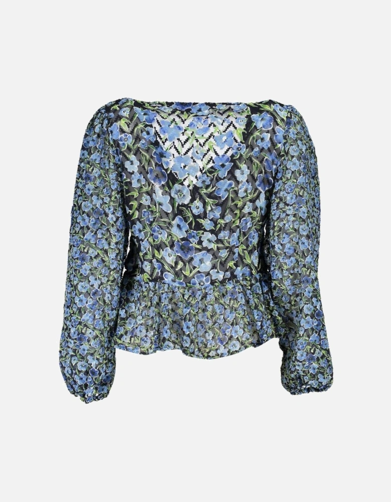 Pattern Blouse V-Neck with Buttons Women - Blue Sweaters