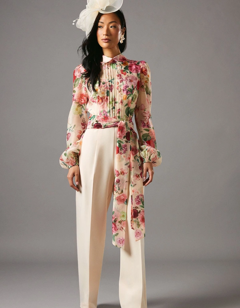 Blouson Sleeve Pintuck Detail Wide Leg Jumpsuit