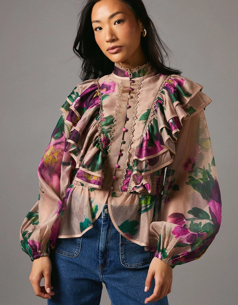 Long Sleeve Frill Organza Blouse