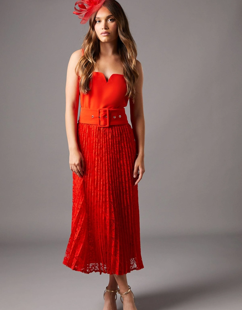 Notch Neck Pleated Lace Skirt Midi Dress