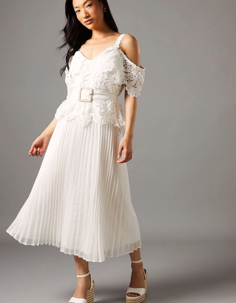 Lace Top Pleated Skirt Midi Dress With Belt