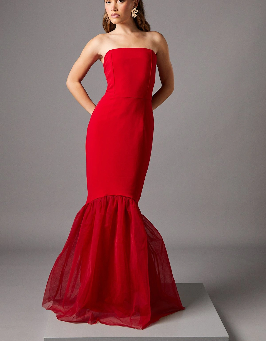 Strapless Fitted Maxi Dress with Tulle Fishtail Hem, 2 of 1