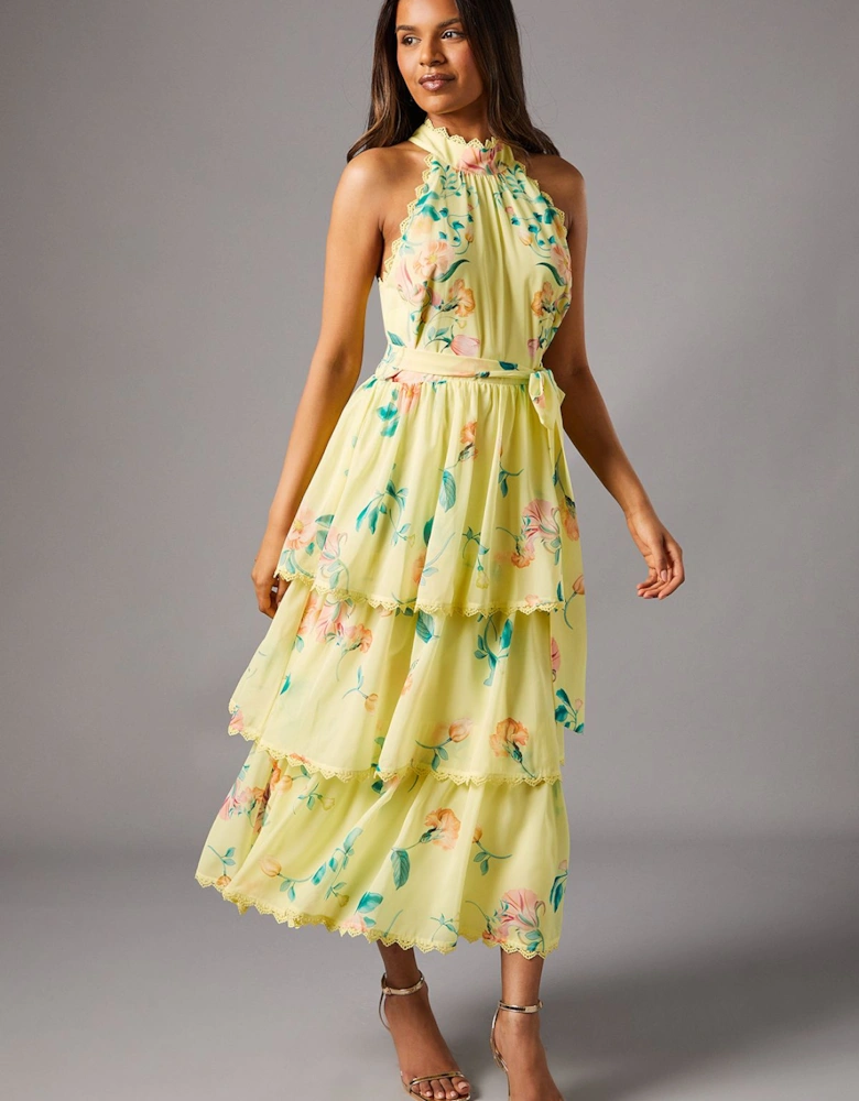 Petite Sleeveless Halter Chiffon Midi Tiered Dress