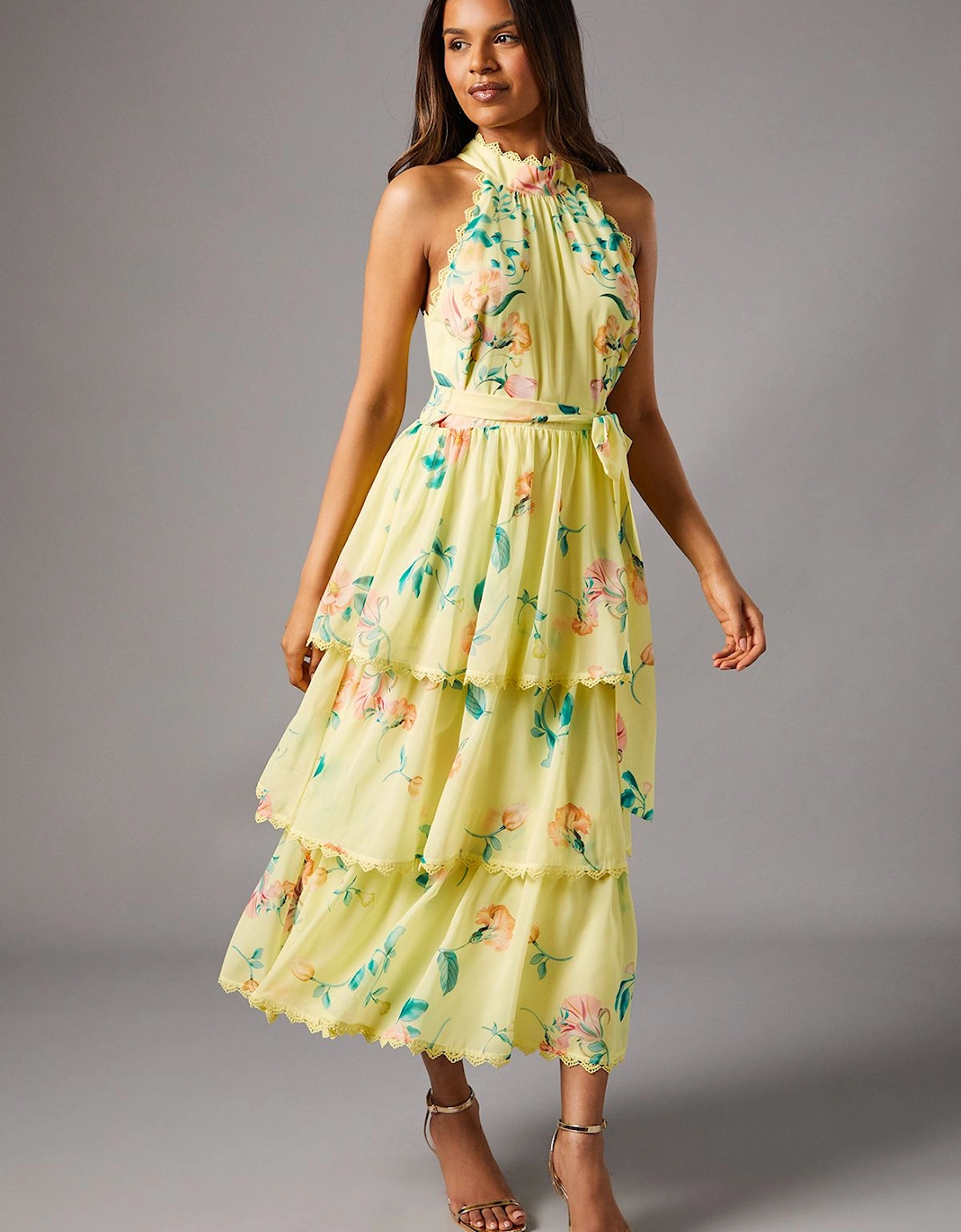 Petite Sleeveless Halter Chiffon Midi Tiered Dress, 2 of 1