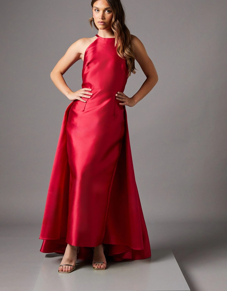 Halterneck Twill Column Maxi Dress With Overskirt