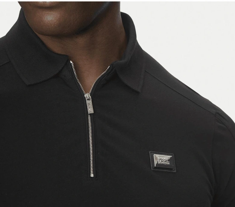 Plaque Logo Zip Black Polo Shirt