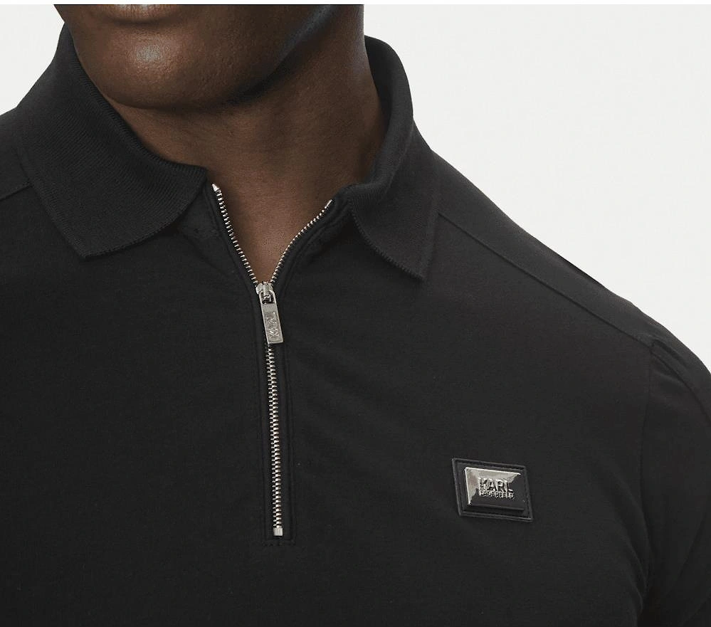 Plaque Logo Zip Black Polo Shirt