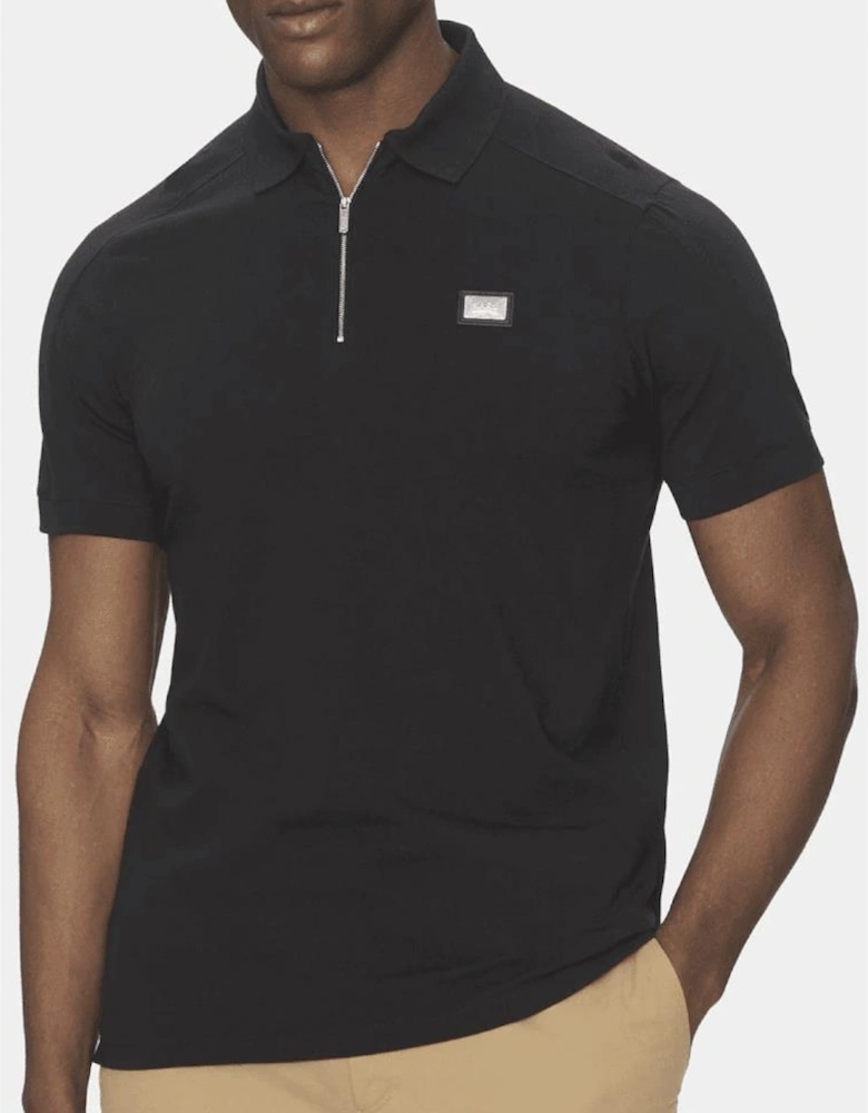 Plaque Logo Zip Black Polo Shirt