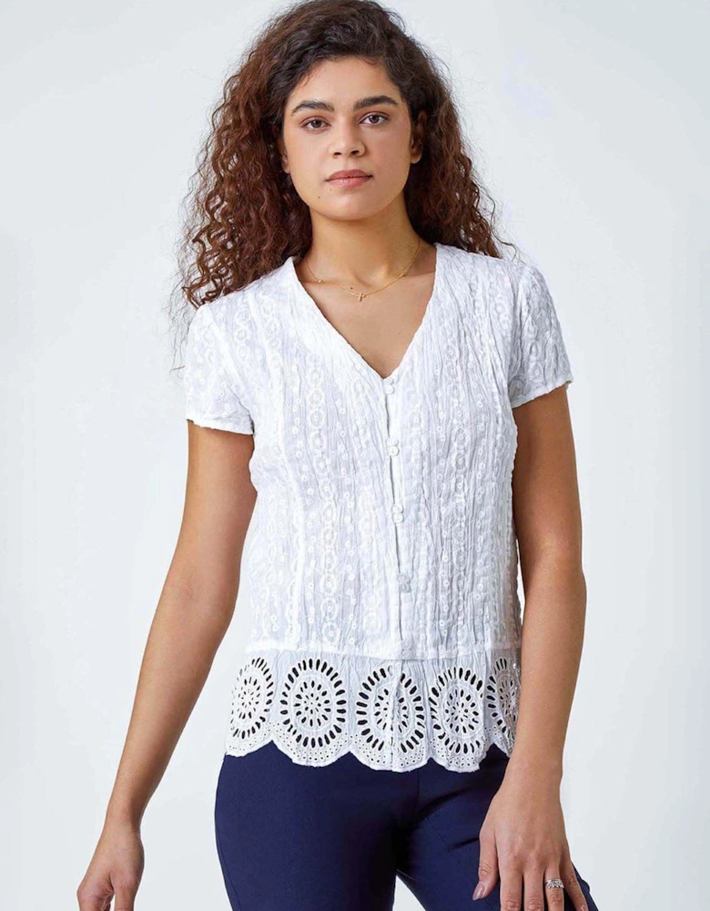 Cotton Embroidered Crinkle Blouse - White