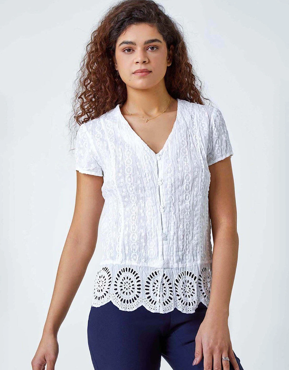 Cotton Embroidered Crinkle Blouse - White, 2 of 1