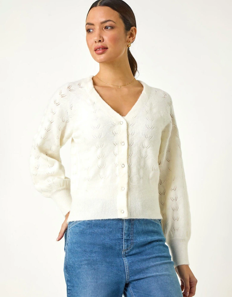 Pointelle Detail Knit Cardigan - Ivory