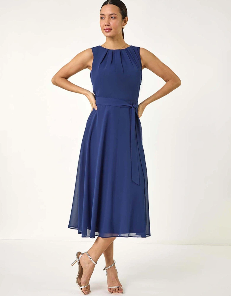 Chiffon Pleated Neck Midi Dress - Navy