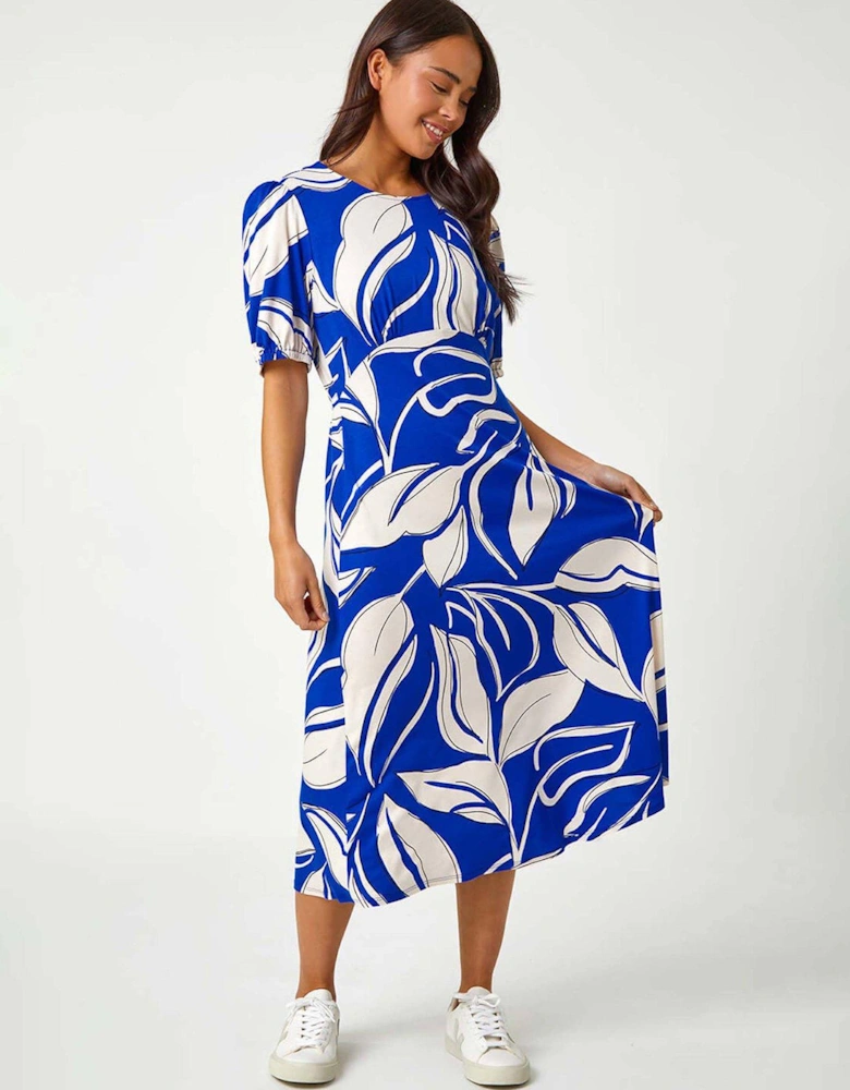 Petite Leaf Stretch Midi Dress - Royal Blue