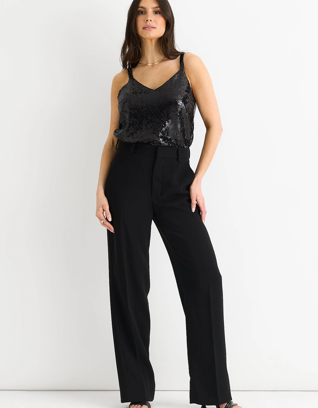 Black Sequin V Neck Cami Top