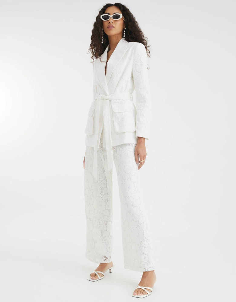 Lace Wide Tailored Trousers - White