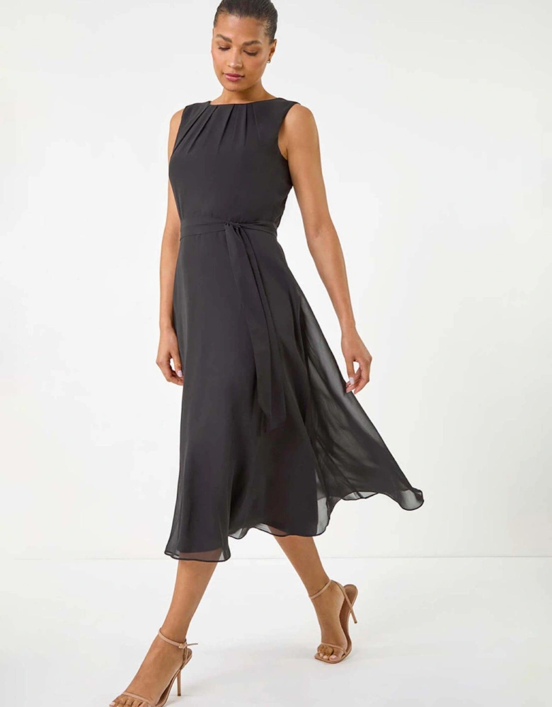 Chiffon Pleat Neck Midi Dress - Black