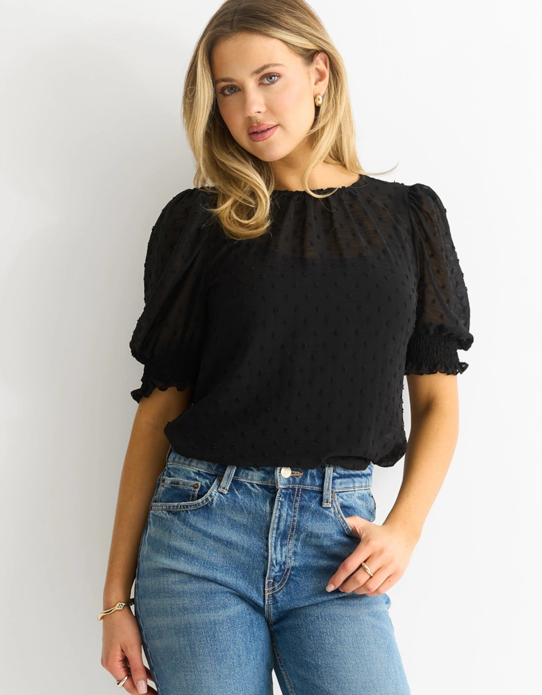 Black Dobby Chiffon Shirred Cuff Blouse