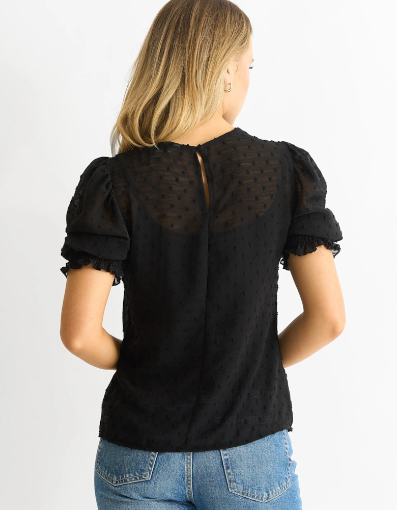 Black Dobby Chiffon Shirred Cuff Blouse