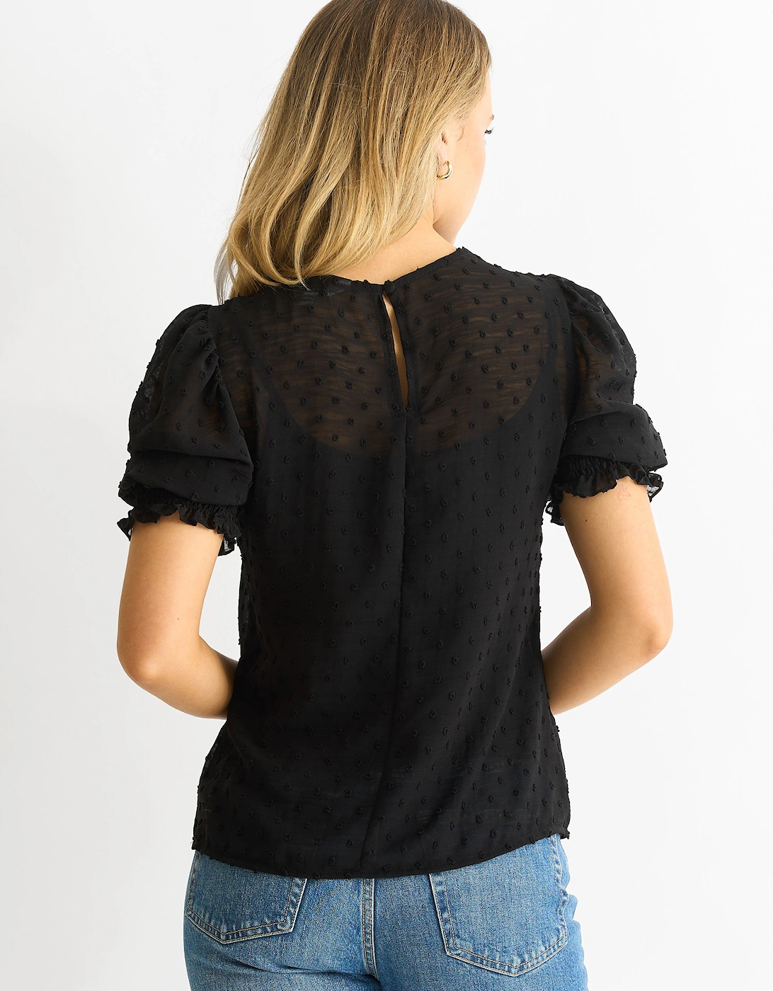 Black Dobby Chiffon Shirred Cuff Blouse