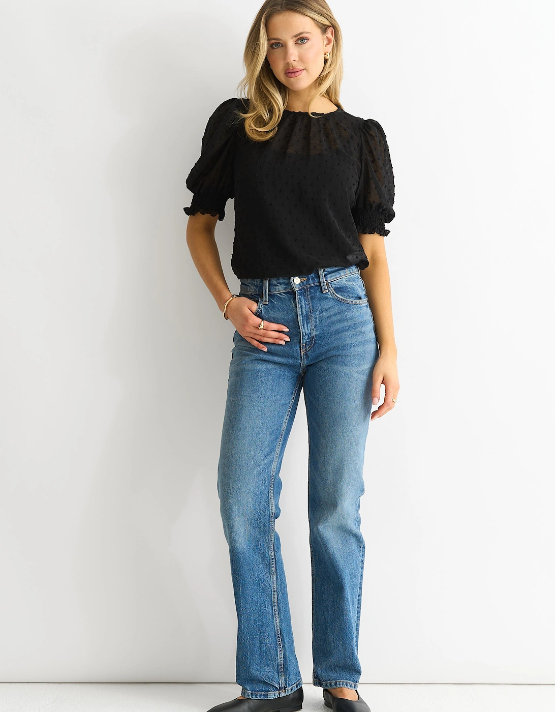 Black Dobby Chiffon Shirred Cuff Blouse