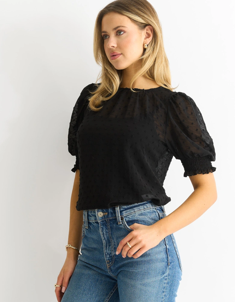 Black Dobby Chiffon Shirred Cuff Blouse