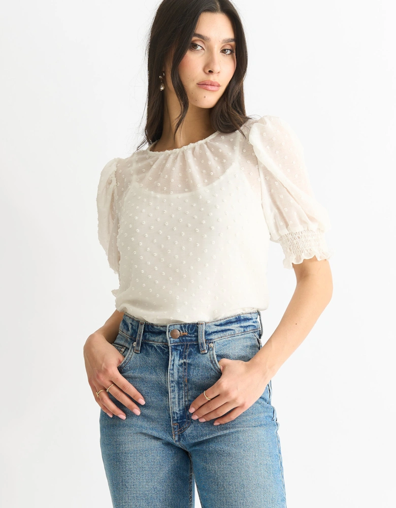 White Dobby Chiffon Shirred Cuff Blouse