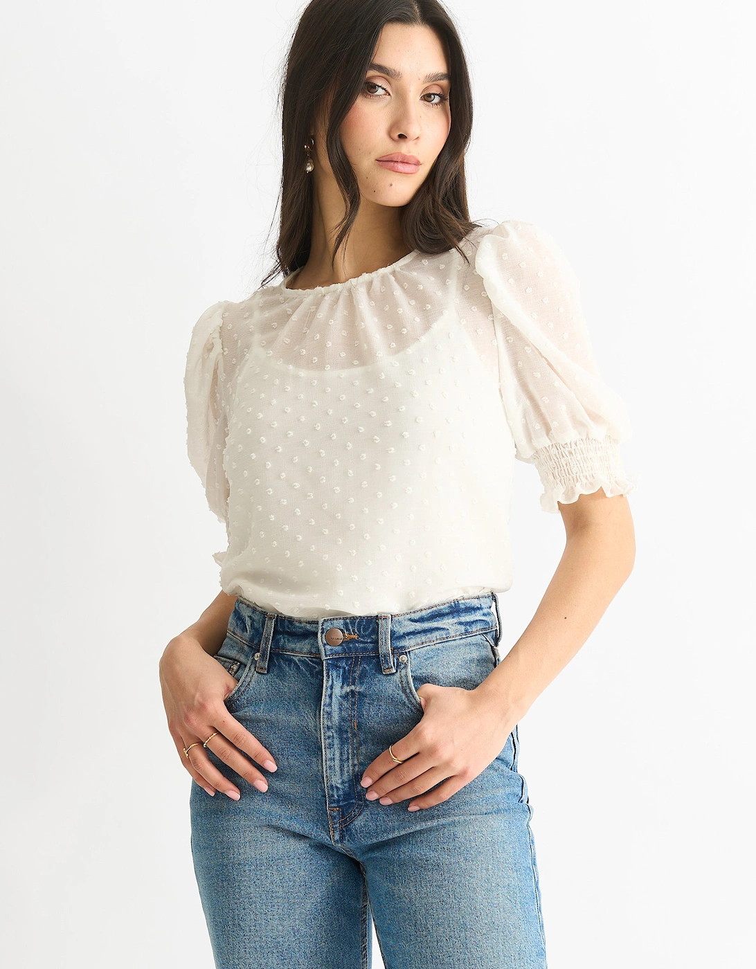 White Dobby Chiffon Shirred Cuff Blouse, 5 of 4