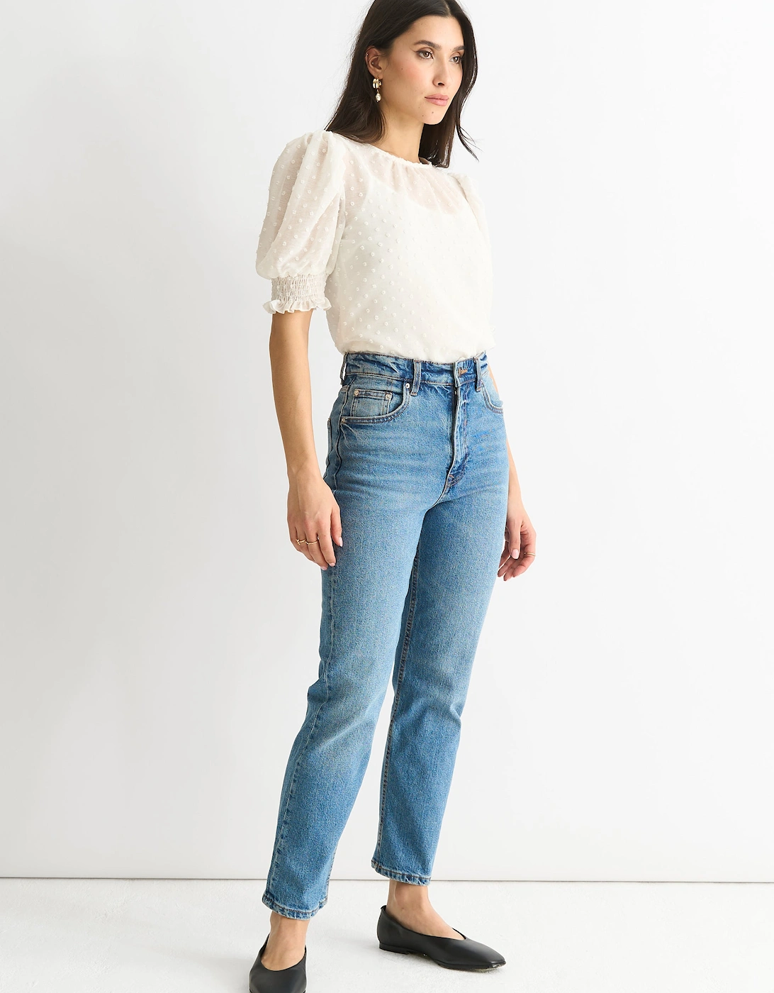 White Dobby Chiffon Shirred Cuff Blouse