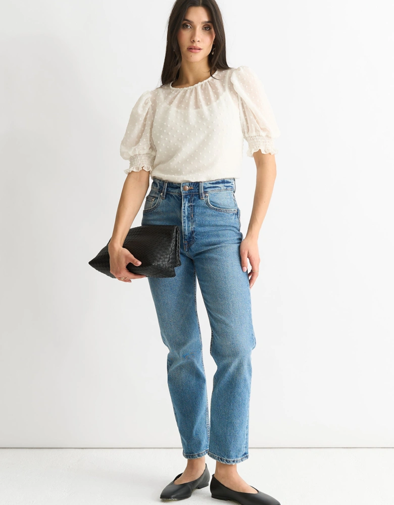 White Dobby Chiffon Shirred Cuff Blouse