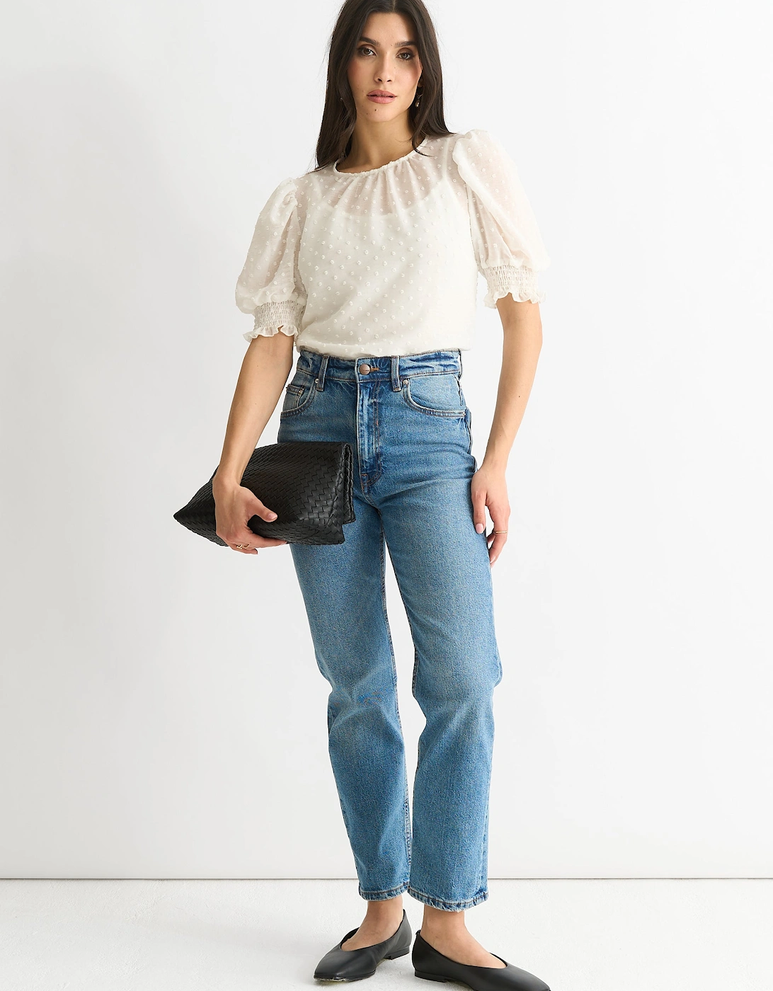 White Dobby Chiffon Shirred Cuff Blouse