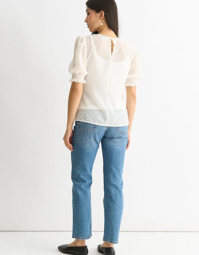 White Dobby Chiffon Shirred Cuff Blouse