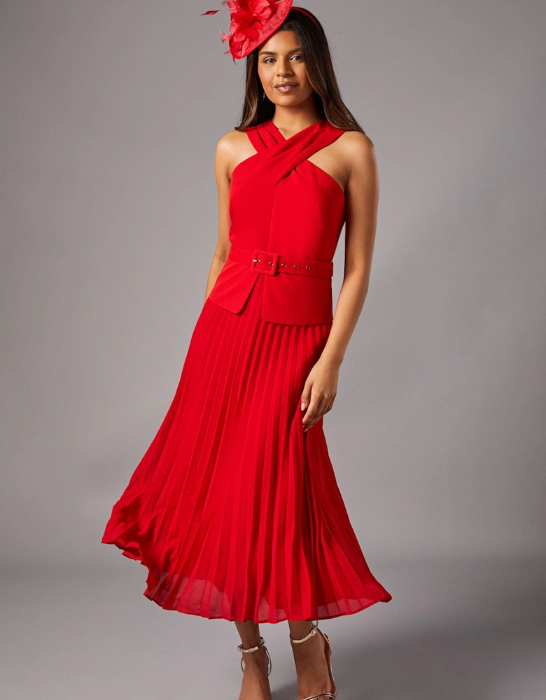 Petite Cross Over Neck Pleated Midi Dress