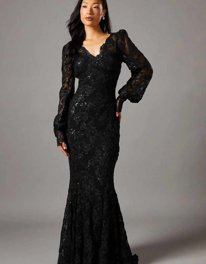 V Neck Lace Long Sleeve Maxi Dress