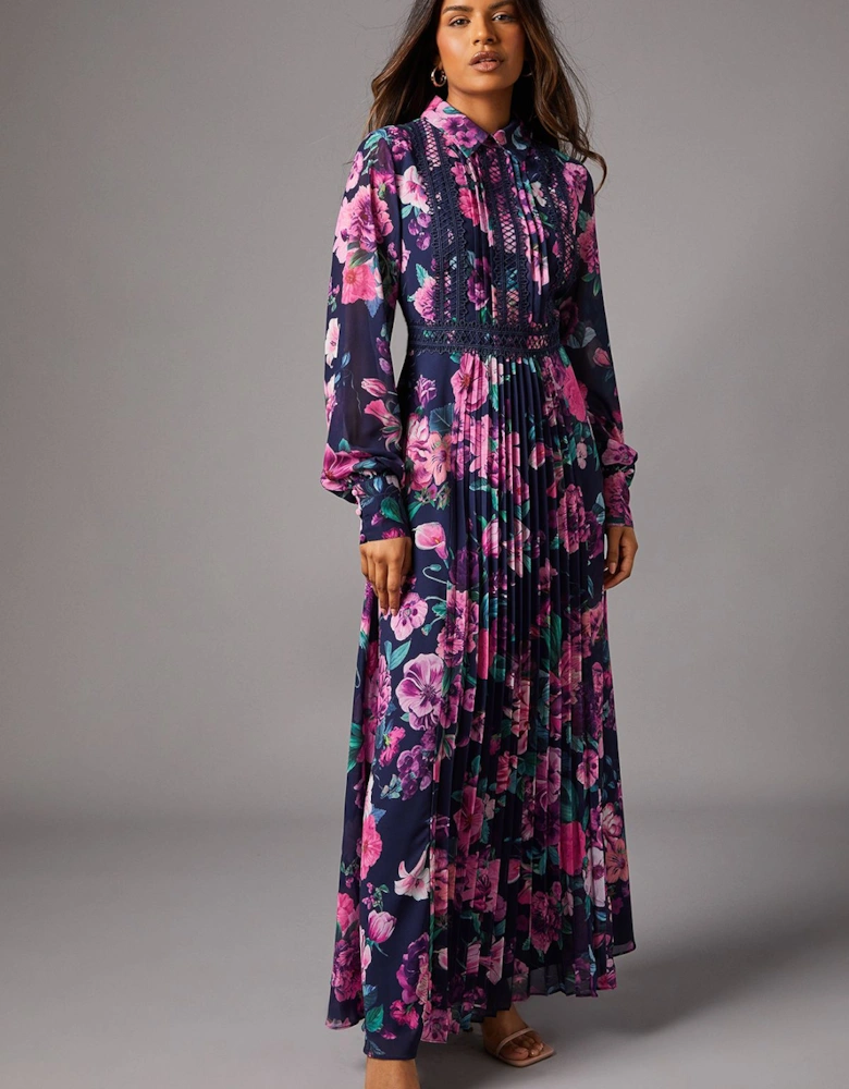 Petite Print Pleated Lace Trim Midi Dress