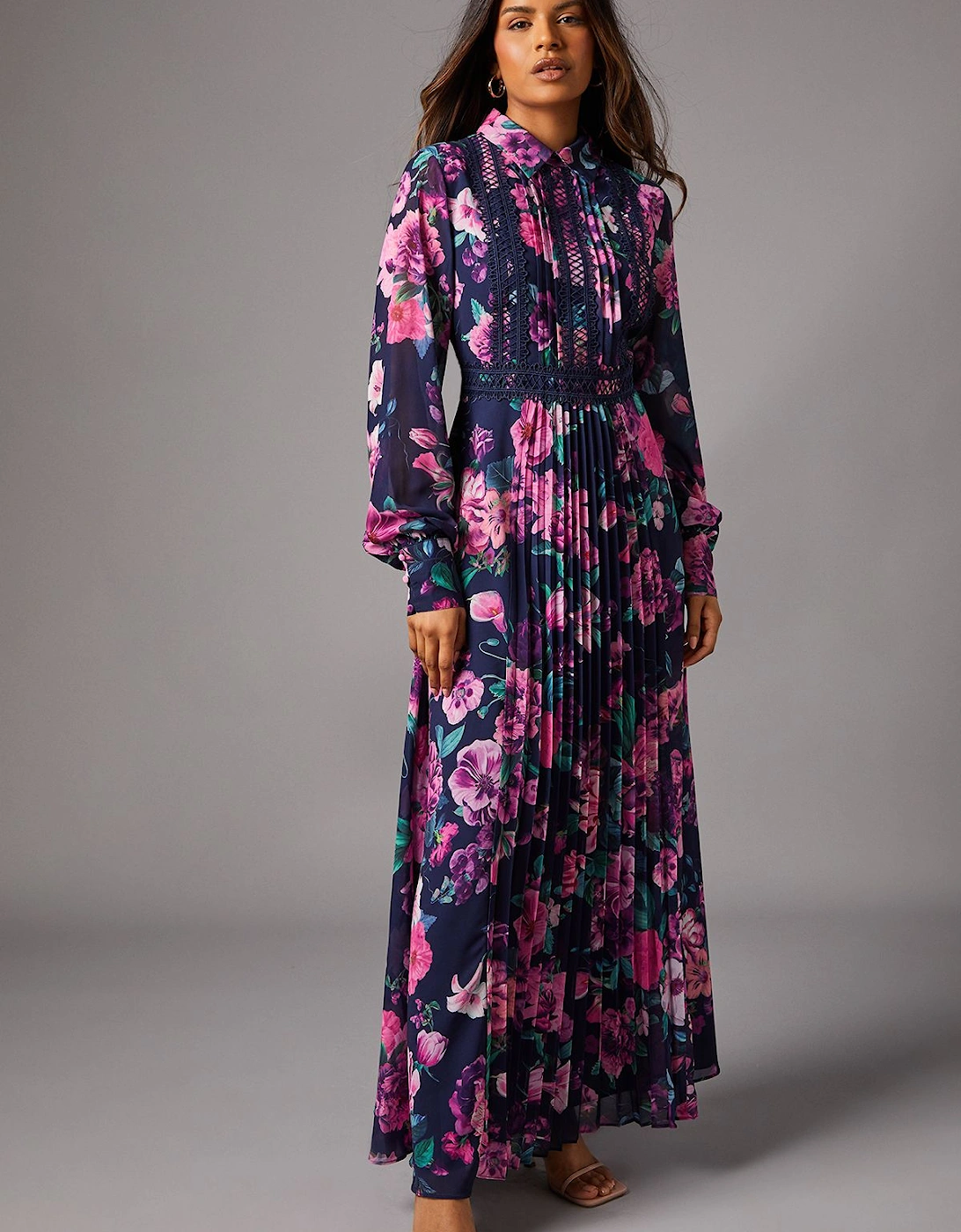 Petite Print Pleated Lace Trim Midi Dress, 2 of 1