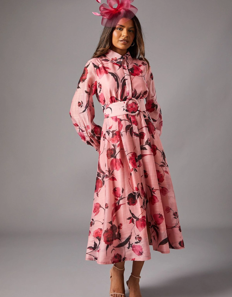 Petite Printed Organza Long Sleeve Midi Dress