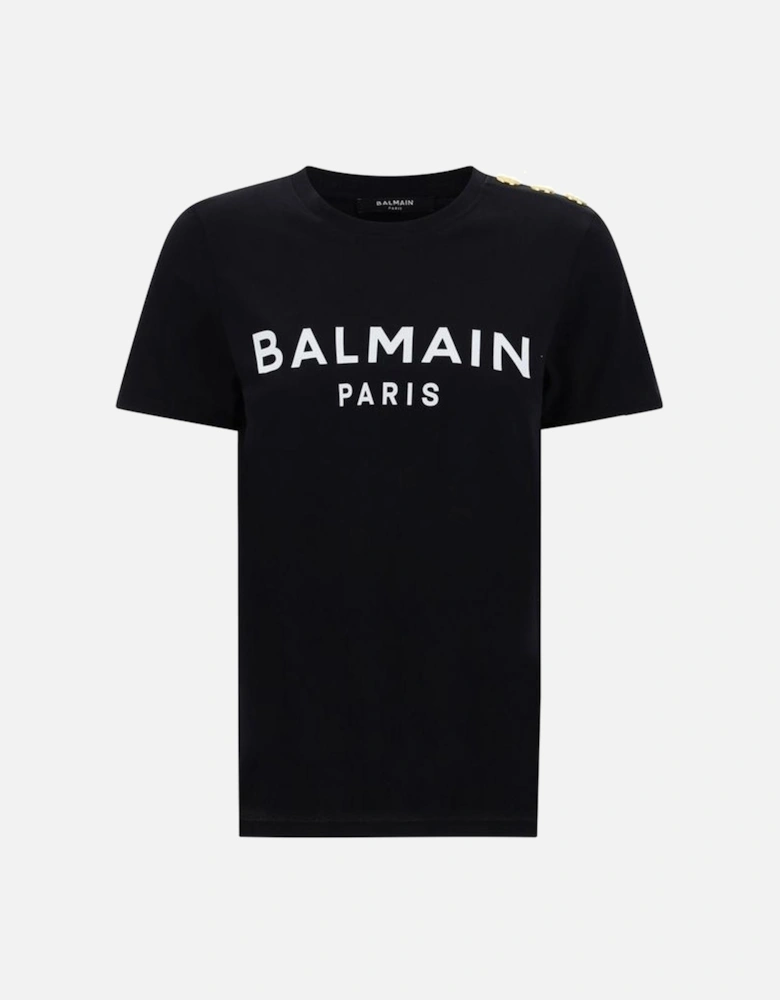Cotton T-Shirt with Monogram Print and Embossed Buttons Women - Black
