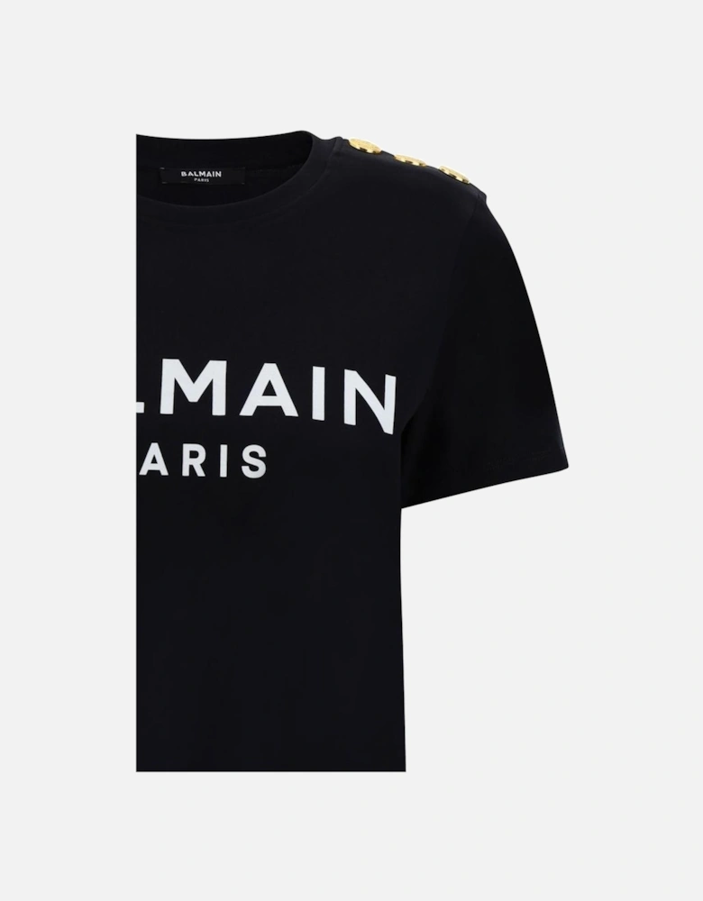 Cotton T-Shirt with Monogram Print and Embossed Buttons Women - Black