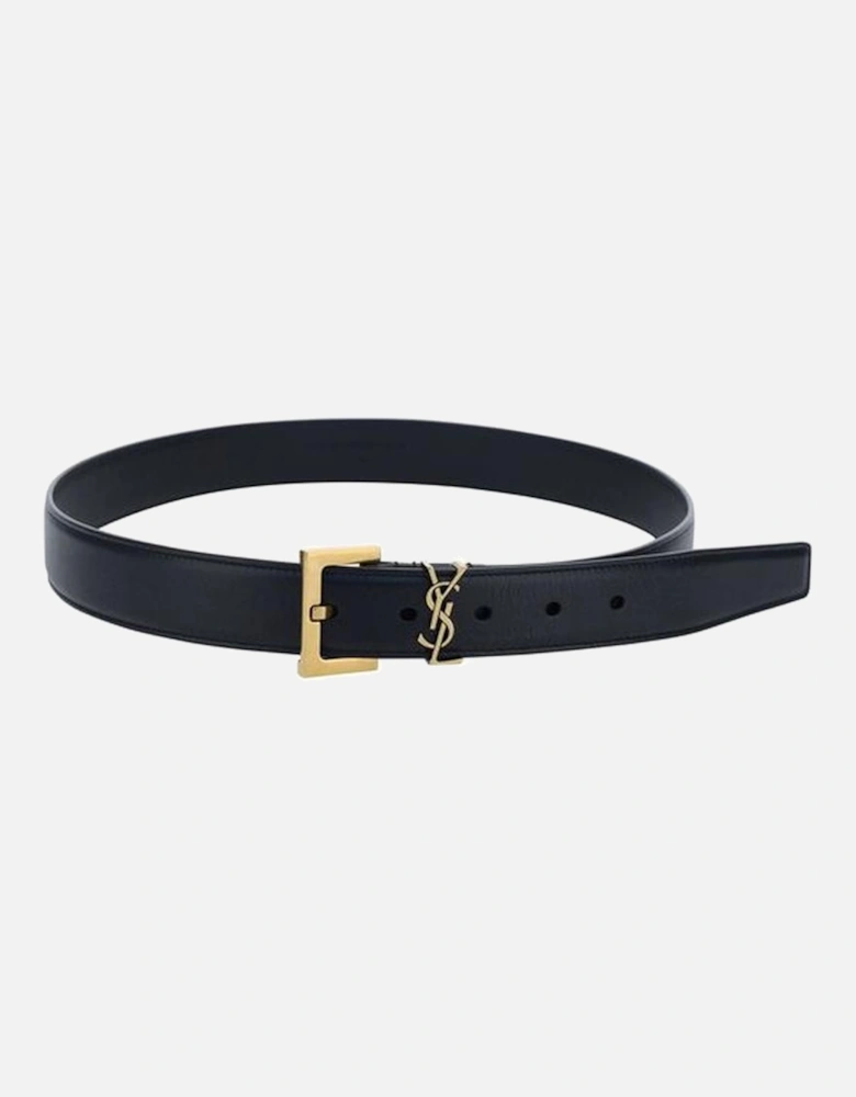 Calfskin Smooth Leather Belt with Brass-Plated Logo Plaque Women -