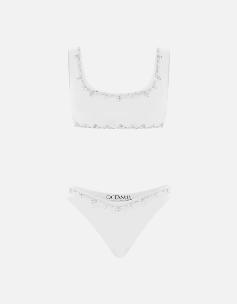 Aaliyah Hand Beaded Crystals Bikini Top - White