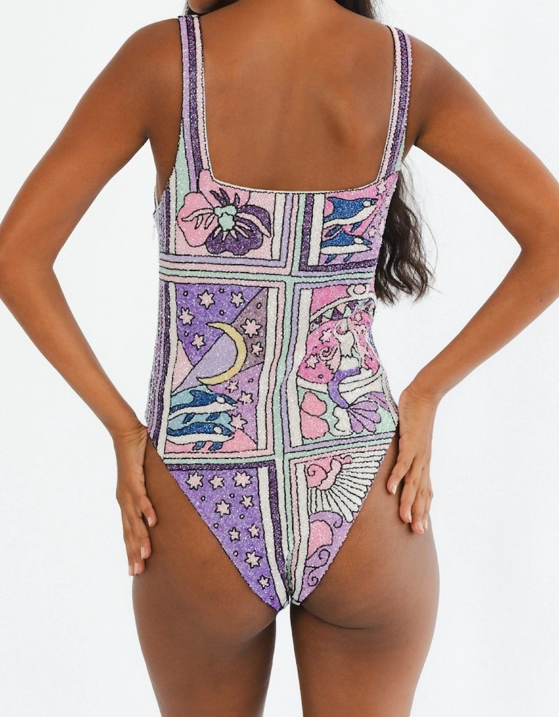 Talia Hand Beaded Crystal Swimsuit - Puple