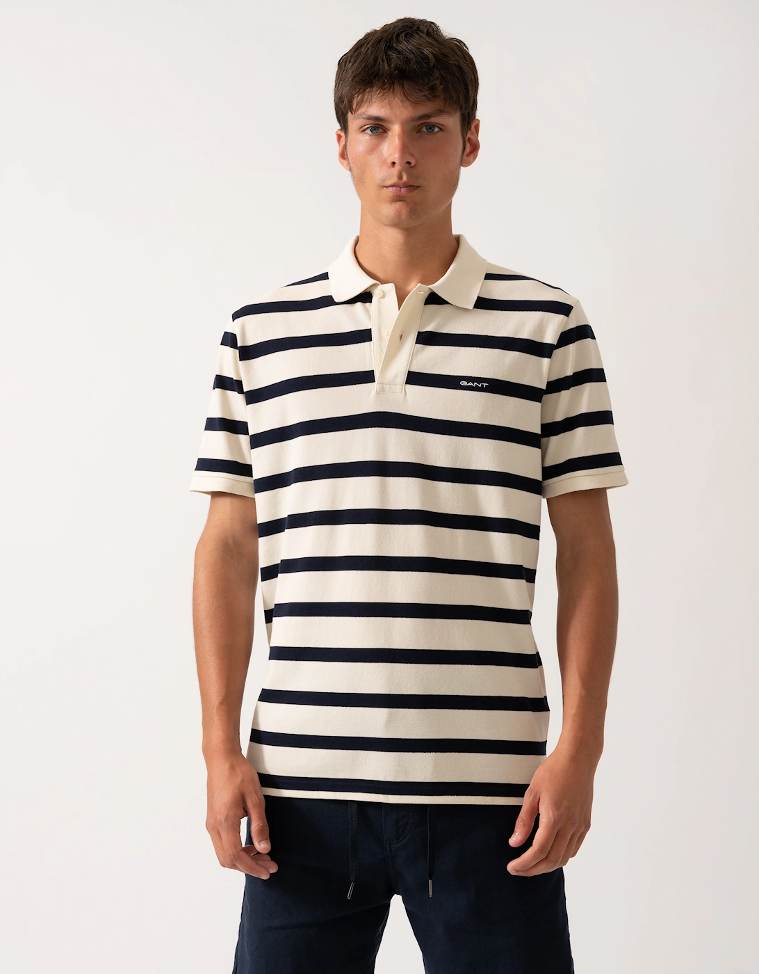 Gant Men's White Striped Polo Shirt - 130 Cream  42 Xl