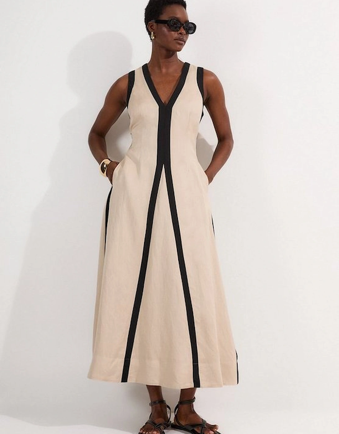 Contrast Linen Plunge Neck Woven Maxi Dress, 5 of 4
