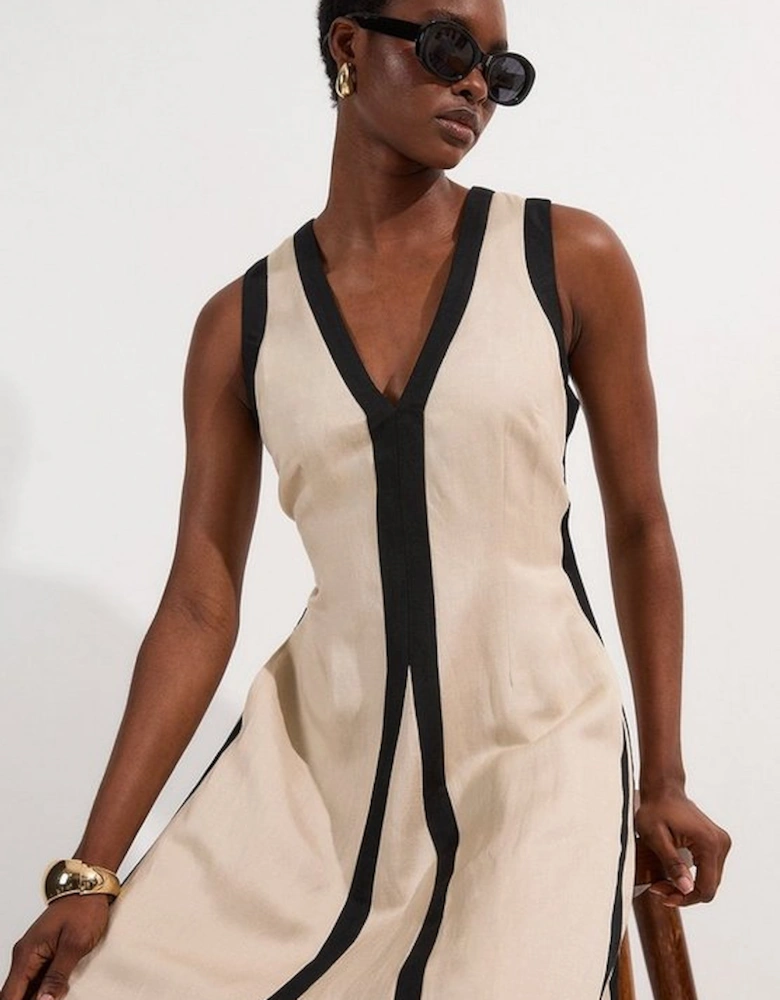 Contrast Linen Plunge Neck Woven Maxi Dress